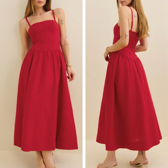 BEST Reformation Katarin Linen Midi Dress - Lipstick Red Sleeveless Spring